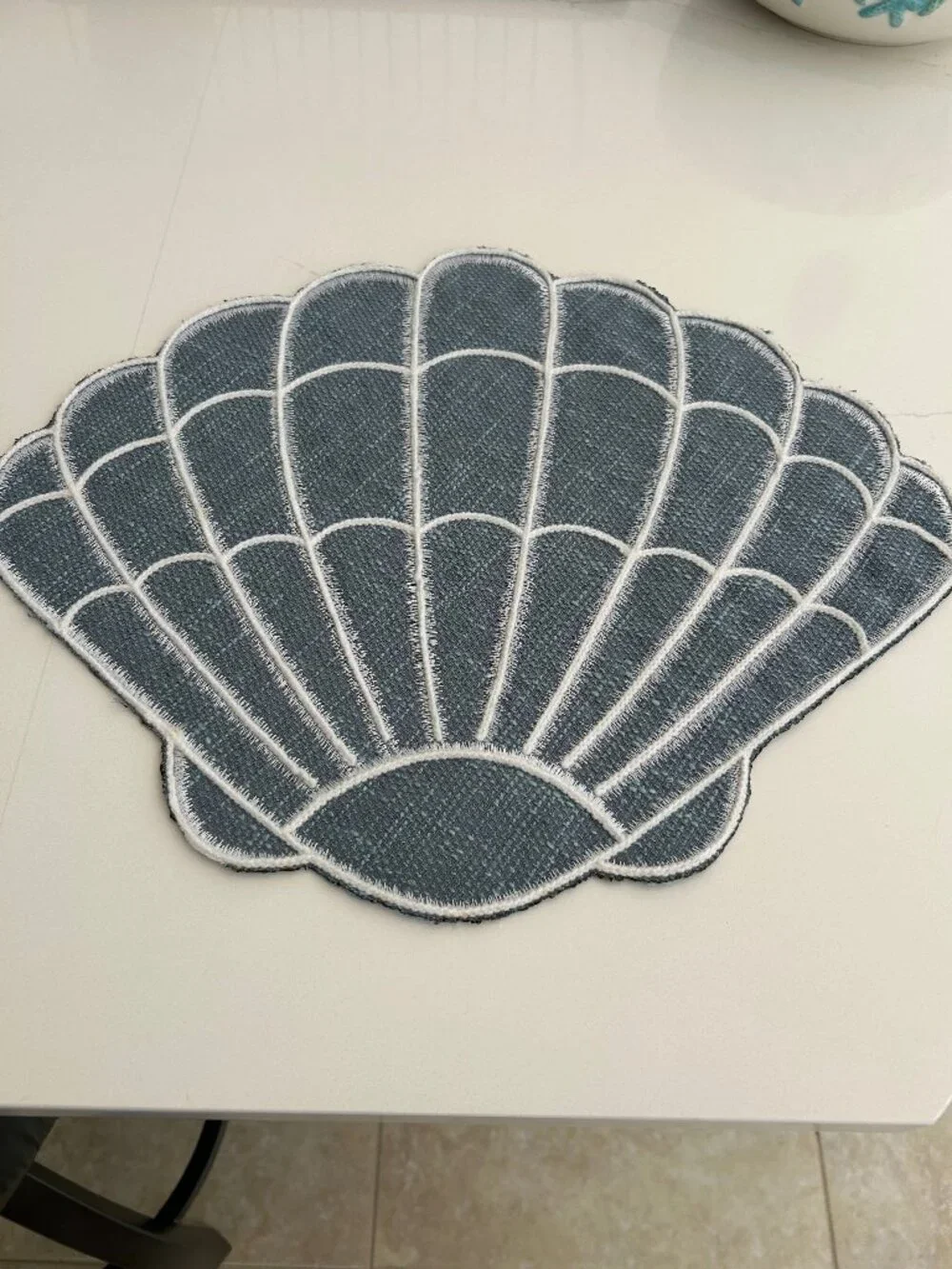 Seashell shaped placemat, teal and white, coastal decor